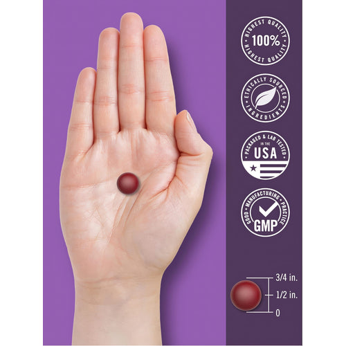 View 7 Carlyle Melatonin 2.5 mg gummy, 3/4 in. wide and 1/2 in. high, held in an open palm. Quality badges on the side.