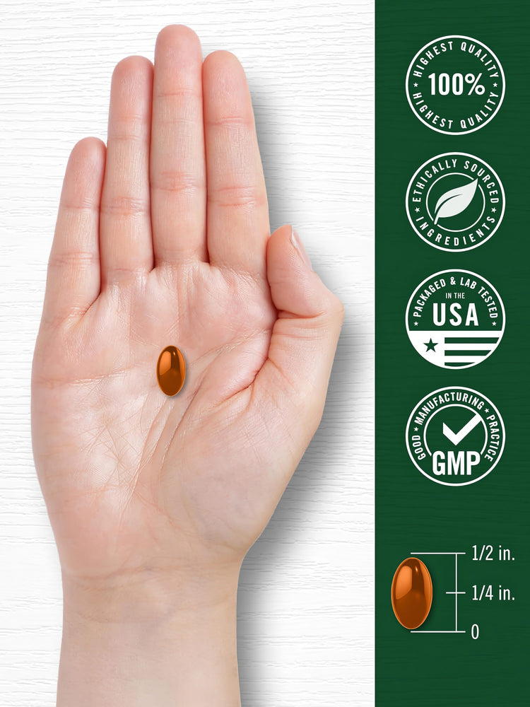 Odorless Garlic & Cayenne 1150 mg softgel in a hand, measuring half an inch long and a quarter inch wide.
