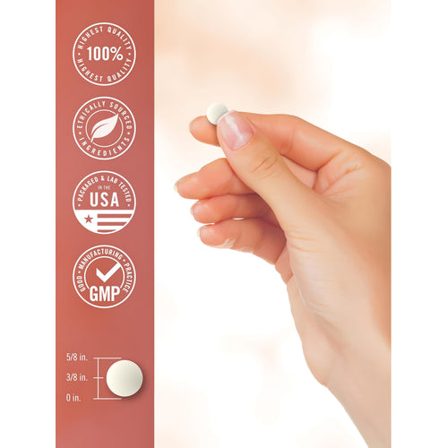 View 7 Chewable Vit C tablet held by hand, 5/8 in. x 3/8 in. Infographic: 100% HIGHEST QUALITY, ETHICALLY SOURCED, LAB TESTED IN USA, GMP.