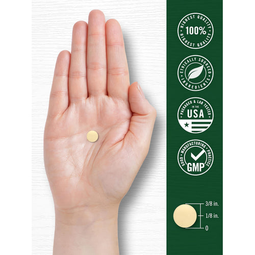View 7 A small, round yellow tablet rests on a hand. It measures 3/8 inch in diameter and 1/8 inch thick.