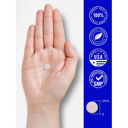 View 7 Carlyle Timed Release Vitamin B-12 1000 mcg tablet, 1/4 inch in diameter, held in a hand.