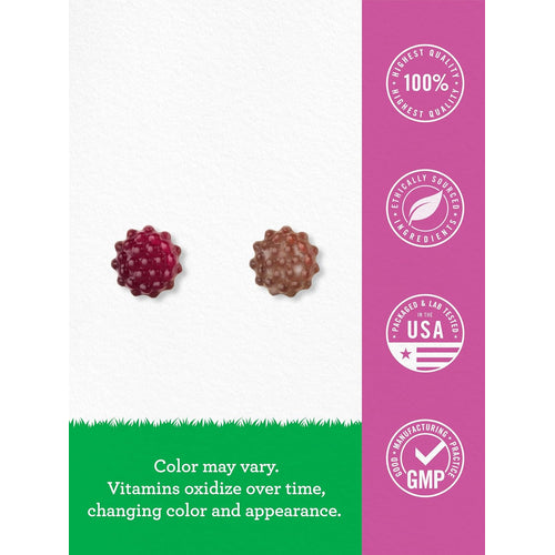View 7 Infographic showing gummy color change due to oxidation; emphasizes top quality, ethical sourcing, packaging and USA lab testing, GMP.