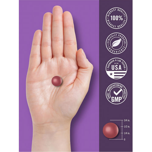 View 7 A round, reddish-purple melatonin gummy is on the palm of a hand, measuring 1/2 inch in diameter.
