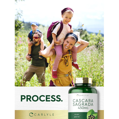 View 7 Mother with daughter on shoulders and father with son, hiking outdoors, with a Cascara Sagrada 450 mg bottle nearby.
