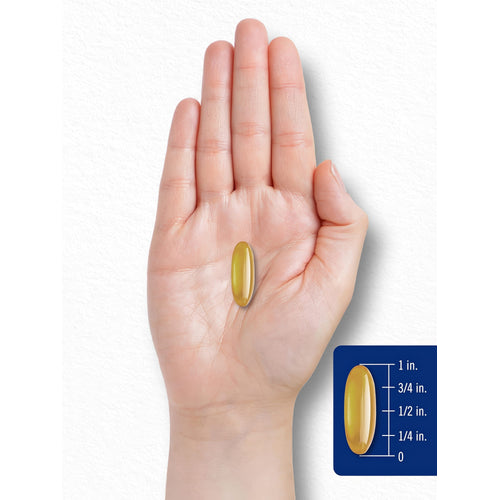 View 8 Carlyle Burpless Omega-3 Fish Oil 1200 mg softgel, about 7/8 inch long, held in a hand.