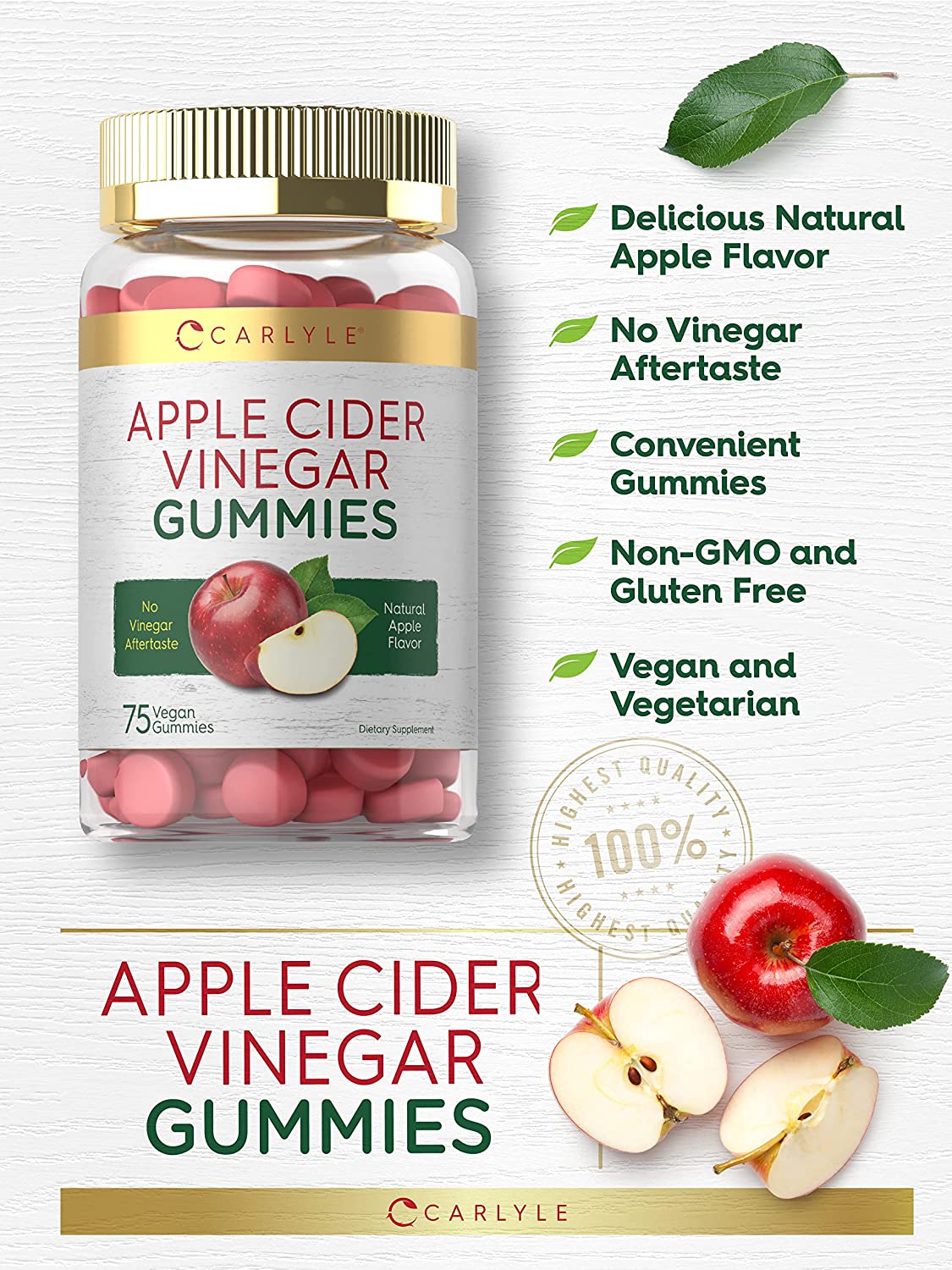 Apple Cider Vinegar Gummies 600 mg | Natural Apple Flavor | 75 Gummies