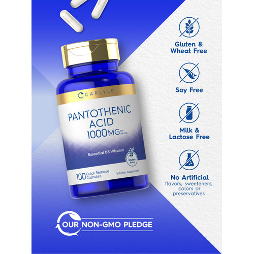 View 7 Carlyle Pantothenic Acid 1000 mg bottle with icons indicating Gluten & Wheat Free, Soy Free, Milk & Lactose Free, No Artificial flavors, sweeteners, colors or preservatives, and Our Non-GMO Pledge
