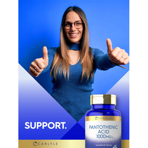 View 11 Woman giving two thumbs up with Carlyle Pantothenic Acid 1000 mg bottle and text stating SUPPORT.