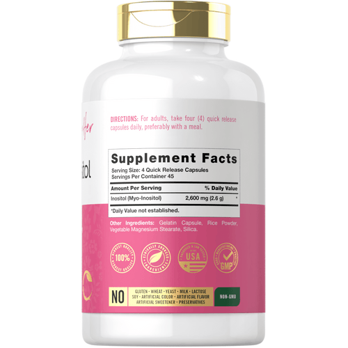 View 5 Back label / Supplement Facts showing Inositol (Myo-Inositol) 2,600 mg per serving, directions, other ingredients, quality badges, and dietary attribute icons.
