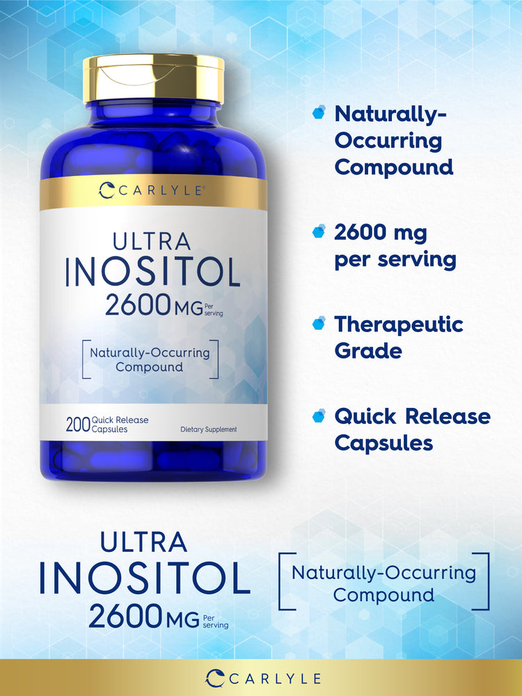 Graphic showing Carlyle Ultra Inositol 2600 mg bottle stating Naturally-Occurring Compound, 2600 mg per serving, Therapeutic Grade, Quick Release Capsules.