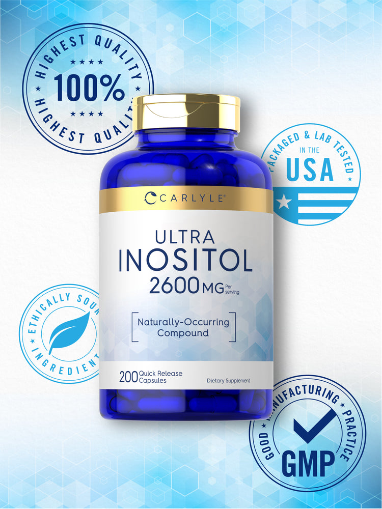 Ultra Inositol 2600 mg bottle with badges stating 100% Highest Quality, Packaged & Lab Tested in the USA, Ethically Sourced Ingredients, and GMP Good Manufacturing Practice.