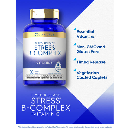 View 7 Graphic stating Essential Vitamins, Non-GMO and Gluten Free, Timed Release, Vegetarian Coated Caplets, with Carlyle Timed Release Stress B-Complex + Vitamin C bottle, 180 coated caplets