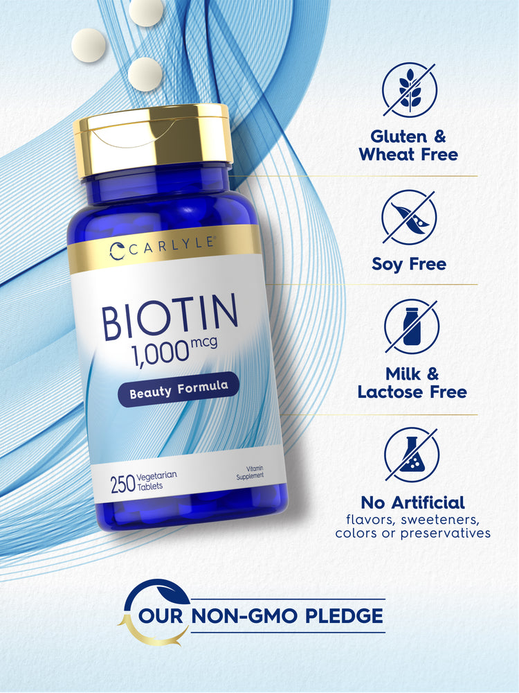 Carlyle Biotin 1,000 mcg bottle with icons indicating Gluten & Wheat Free, Soy Free, Milk & Lactose Free, No Artificial flavors, sweeteners, colors or preservatives, and Our Non-GMO Pledge