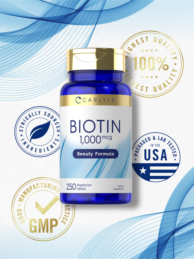 Carlyle Biotin 1,000 mcg bottle with quality badges stating Highest Quality 100%, Ethically Sourced Ingredients, Packaged & Lab Tested in the USA, and Good Manufacturing Practice GMP