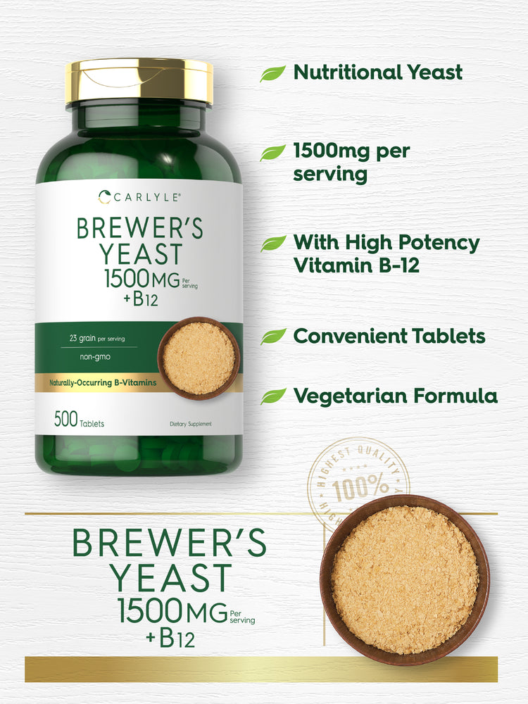 Graphic stating Nutritional Yeast, 1500mg per serving, With High Potency Vitamin B-12, Convenient Tablets, Vegetarian Formula