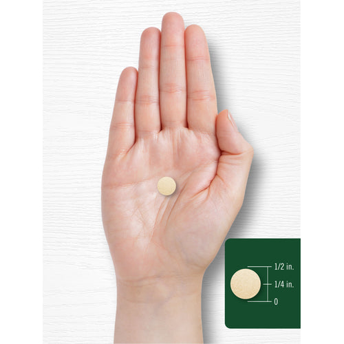 View 4 Brewer’s Yeast tablet shown in hand for size reference, measuring approximately 1/4 in.