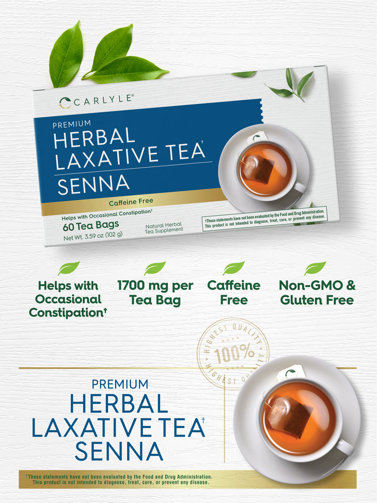 Graphic stating Helps with Occasional Constipation†, 1700 mg per Tea Bag, Caffeine Free, Non-GMO & Gluten Free, Premium Herbal Laxative Tea†, with Carlyle Herbal Laxative Tea Senna box and cup of tea
