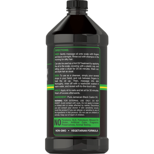 View 4 Back label with directions, ingredient, warning, and formula information for Pure Jamaican Black Castor Oil.