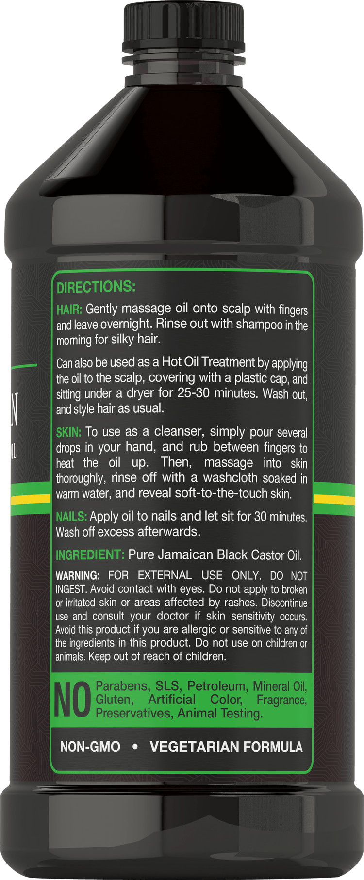 Back label with directions, ingredient, warning, and formula information for Pure Jamaican Black Castor Oil.