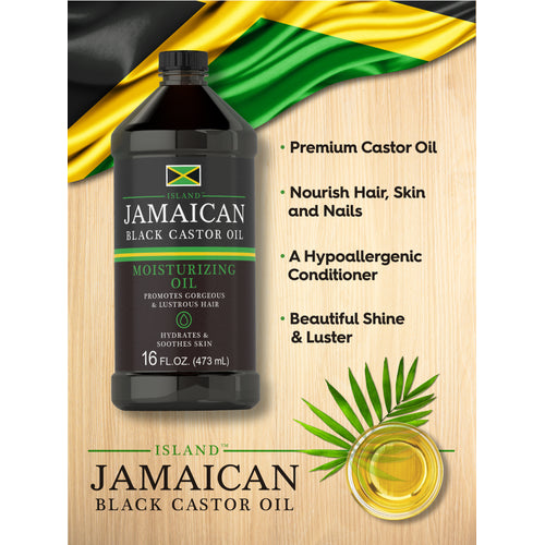 View 6 Graphic stating Premium Castor Oil, Nourish Hair, Skin and Nails, A Hypoallergenic Conditioner, Beautiful Shine & Luster, with Island Jamaican Black Castor Oil bottle and Jamaican flag.