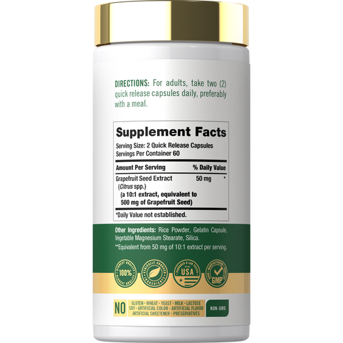 View 5 Supplement Facts showing directions, serving size, Grapefruit Seed Extract 50 mg, other ingredients, quality badges, and dietary attribute icon