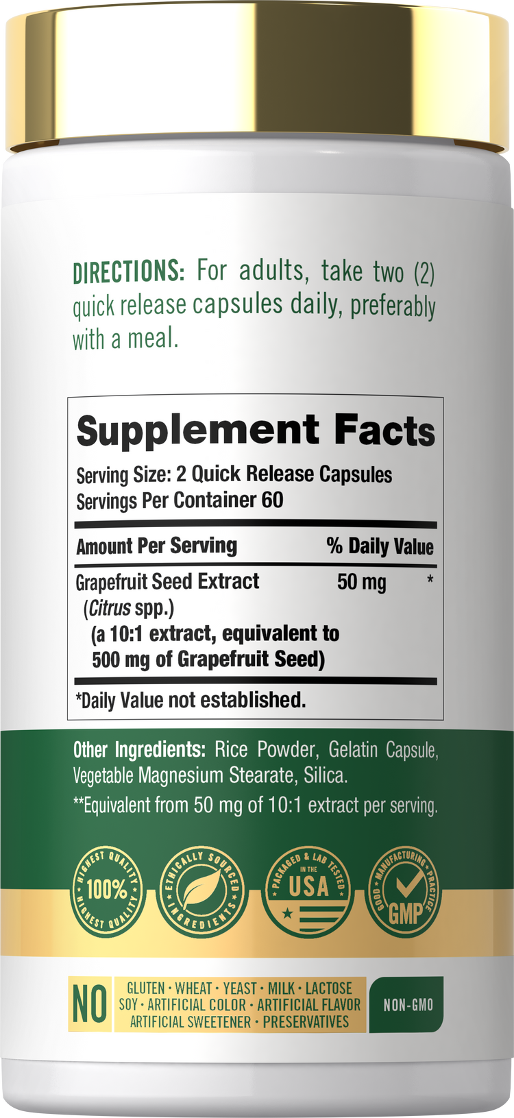 Supplement Facts showing directions, serving size, Grapefruit Seed Extract 50 mg, other ingredients, quality badges, and dietary attribute icon