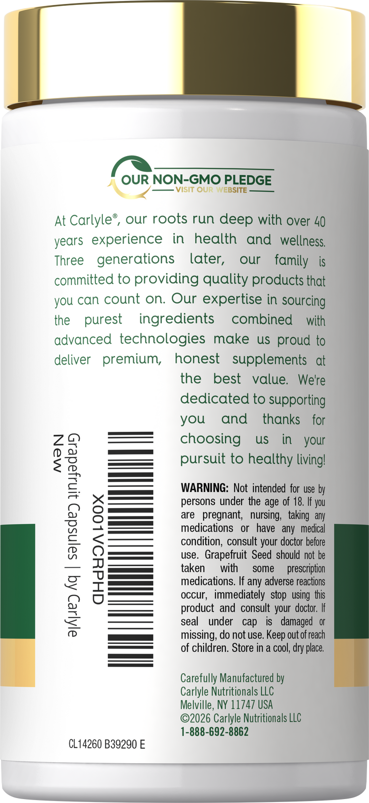 Our Non-GMO Pledge, company quality and wellness commitment, warning information,