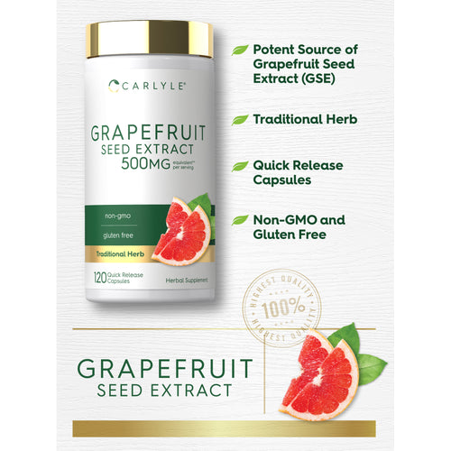 View 9 Graphic stating Potent Source of Grapefruit Seed Extract (GSE), Traditional Herb, Quick Release Capsules, Non-GMO and Gluten Free