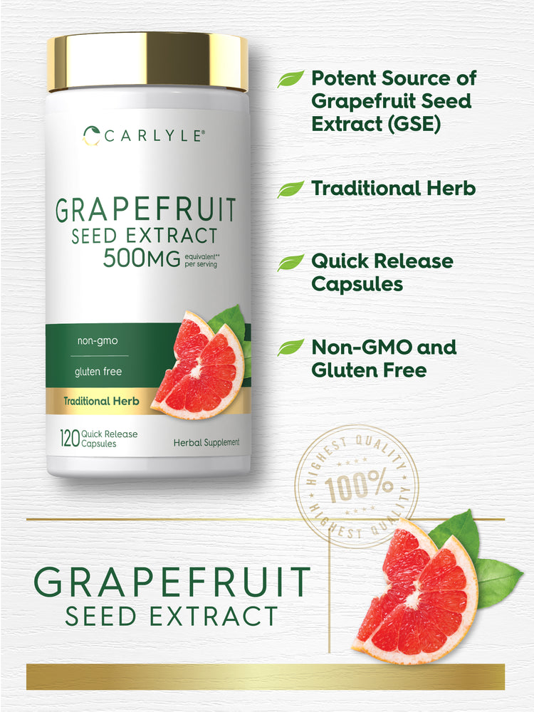 Graphic stating Potent Source of Grapefruit Seed Extract (GSE), Traditional Herb, Quick Release Capsules, Non-GMO and Gluten Free