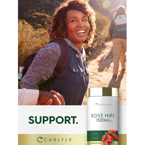 View 12 Lifestyle image of adults hiking outdoors with Carlyle Rose Hips 1500MG bottle and graphic stating SUPPORT.