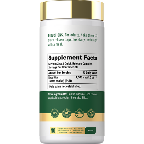 View 5 Back label / Supplement Facts for Rose Hips 1,500 mg, with directions, ingredients, and dietary and quality icons.