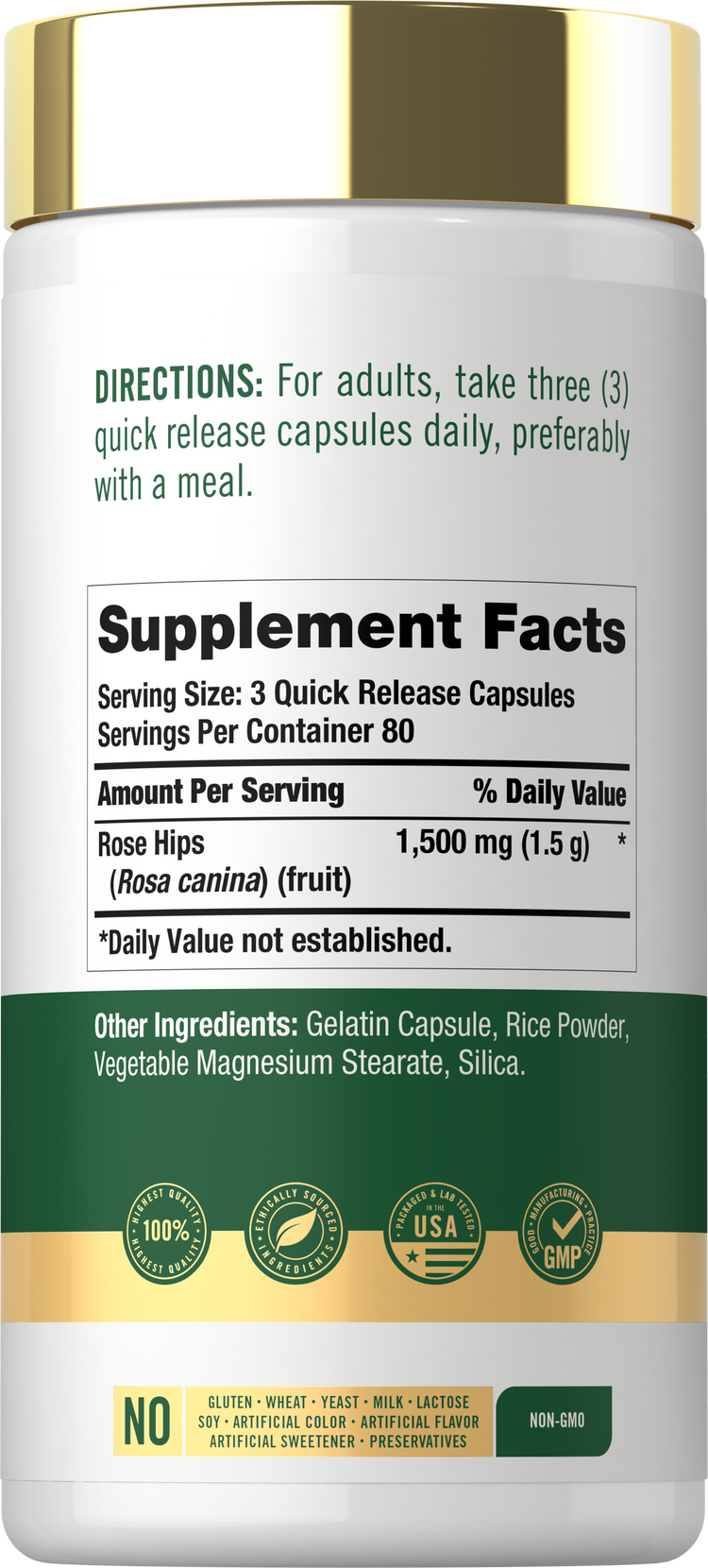 Back label / Supplement Facts for Rose Hips 1,500 mg, with directions, ingredients, and dietary and quality icons.