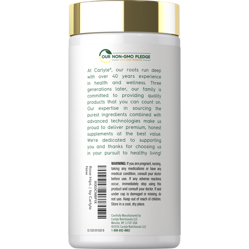 View 7 Back label for Rose Hips 1,500 mg, showing Our Non-GMO Pledge, Carlyle brand story, warning, barcode, and manufacturing information