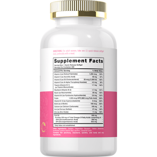 View 8 Supplement Facts panel for Carlyle Multivitamin for Her with Iron, 200 Softgels.