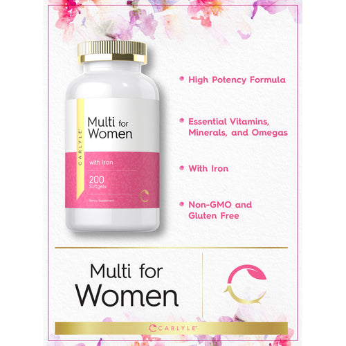 View 10 Graphic stating High Potency Formula, Essential Vitamins, Minerals, and Omegas, With Iron, Non-GMO and Gluten Free,