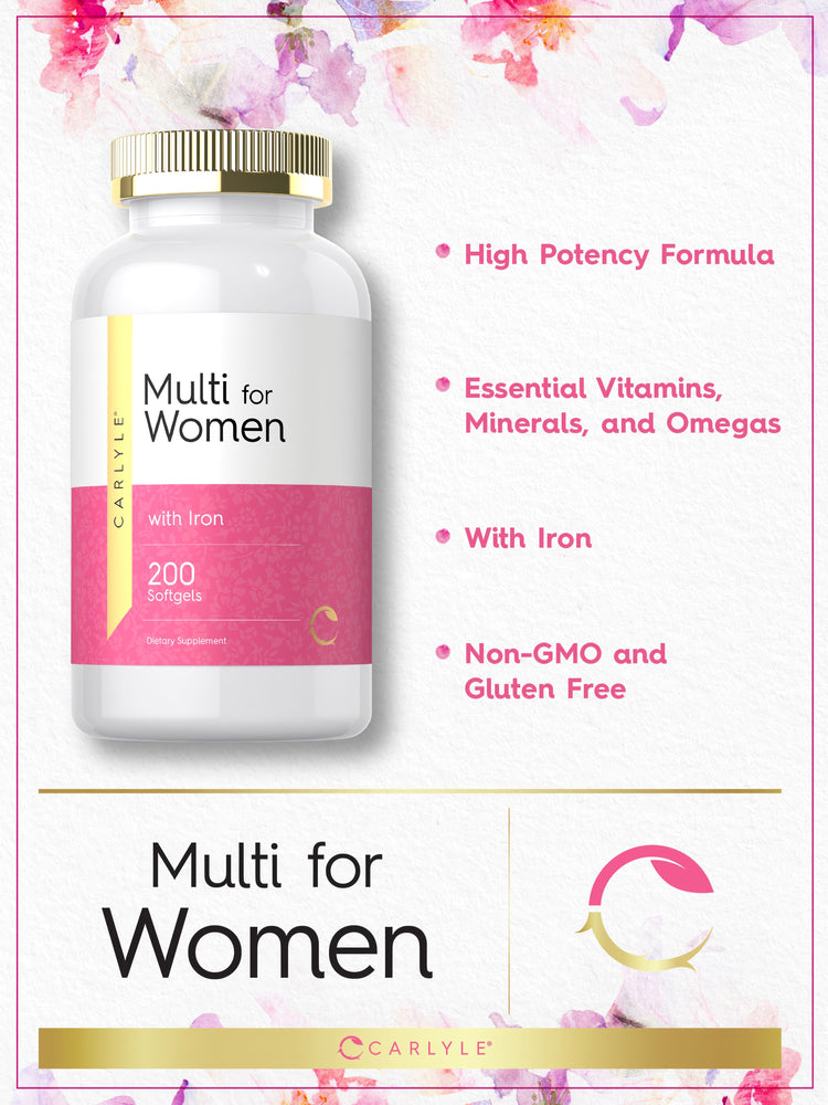 Graphic stating High Potency Formula, Essential Vitamins, Minerals, and Omegas, With Iron, Non-GMO and Gluten Free,