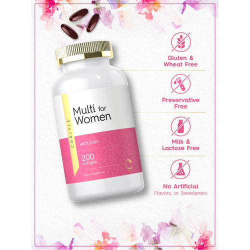 View 11 Bottle with softgels and icons indicating Gluten & Wheat Free, Preservative Free, Milk & Lactose Free, No Artificial Flavors, or Sweeteners.