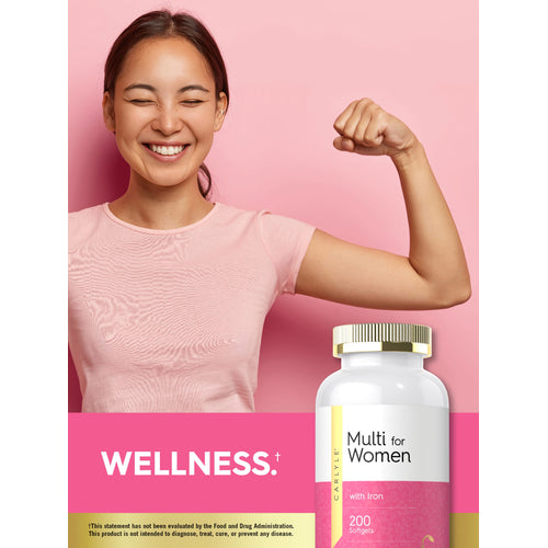 View 12 Lifestyle image of woman flexing her arm with Carlyle Multi for Women bottle and graphic stating WELLNESS