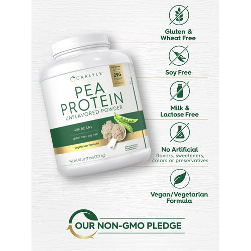 View 8 Pea Protein bottle with icons indicating Gluten & Wheat Free, Soy Free, Milk & Lactose Free, No Artificial additives, Vegan/Vegetarian.