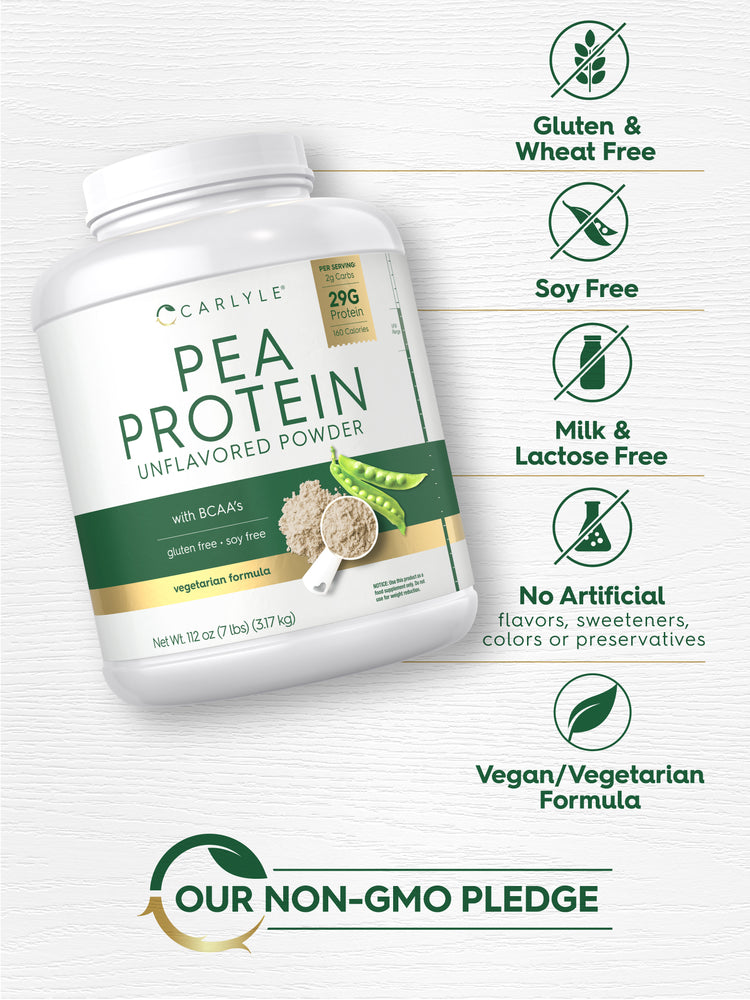 Pea Protein bottle with icons indicating Gluten & Wheat Free, Soy Free, Milk & Lactose Free, No Artificial additives, Vegan/Vegetarian.
