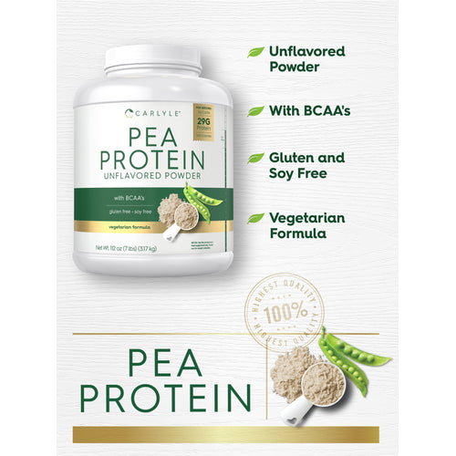 View 6 Graphic stating Unflavored Powder, With BCAA's, Gluten and Soy Free, Vegetarian Formula, Finest Quality 100%, PEA PROTEIN