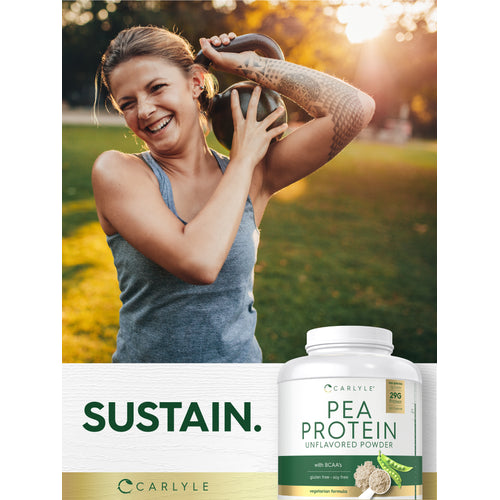 View 10 Woman smiling while exercising with a kettlebell, next to a Pea Protein Powder.