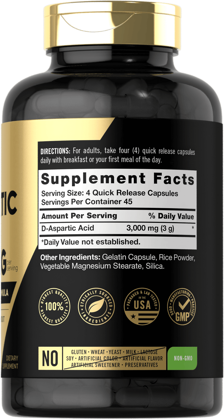 Back label / Supplement Facts panel for D-Aspartic Acid Quick Release Capsules, 3,000 mg per serving, 45 servings per container.