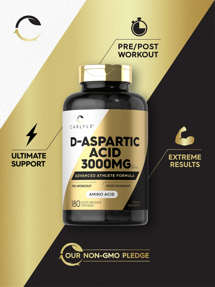 Carlyle D-Aspartic Acid 3000 mg Quick Release Capsules, stating Pre/Post Workout, Ultimate Support, Extreme Results, and Our Non-GMO Pledge.