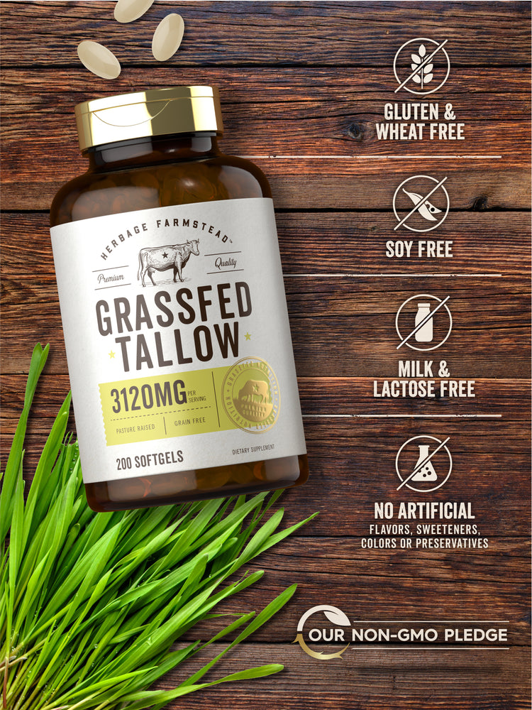 Heritage Farmstead Grassfed Tallow 3120MG bottle with icons indicating Gluten & Wheat Free, Soy Free, Milk & Lactose Free, No Artificial Flavors, Sweeteners, Colors or Preservatives, and Our Non-GMO Pledge