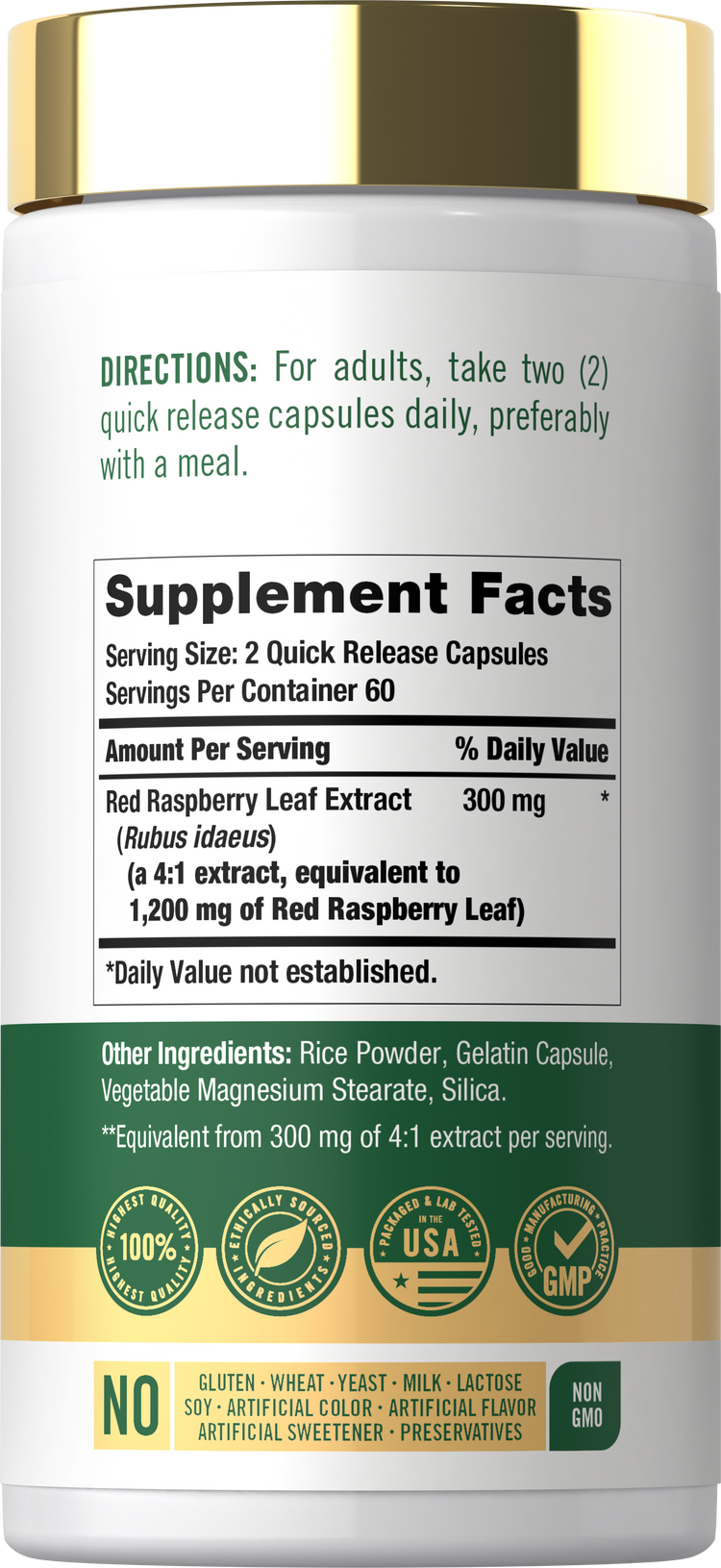 Back label / Supplement Facts showing directions and Red Raspberry Leaf Extract 300 mg per serving