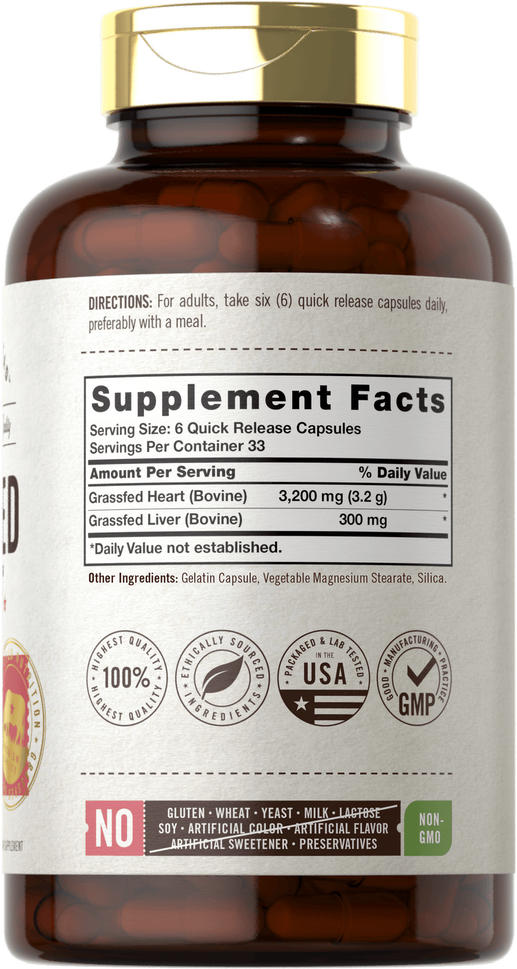 Back label / Supplement Facts for Herbage Farmstead Grassfed Heart capsules, showing serving size 6 quick release capsules