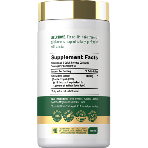 View 5 Back label / Supplement Facts for Yellow Dock Extract, showing directions, other ingredients, and dietary attribute and quality icons.