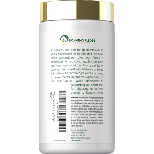 View 7 Back bottle label for Carlyle Yellow Dock Root with Our Non-GMO Pledge, brand story, warning, barcode, and manufacturer information.