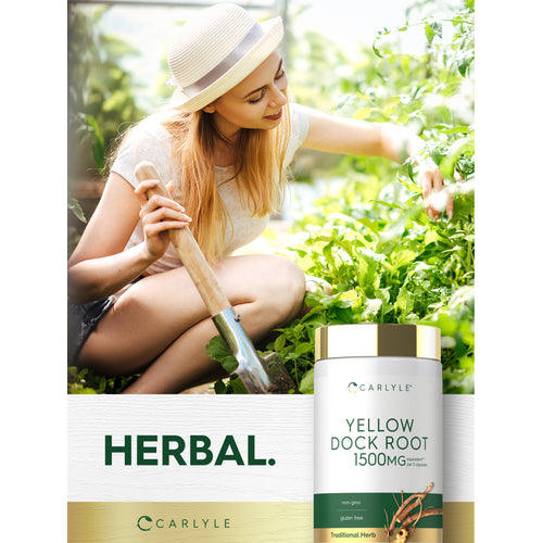 View 12 Lifestyle image of woman gardening with Carlyle Yellow Dock Root 1500 mg bottle and graphic stating HERBAL.